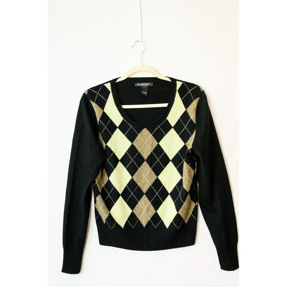 Avellini Sweater luxury cashmere argyle black L unisex academia Preppy
